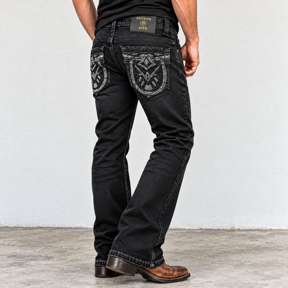 PatronCito Men's Jet Black Bootcut Embroidered Stretch Jeans